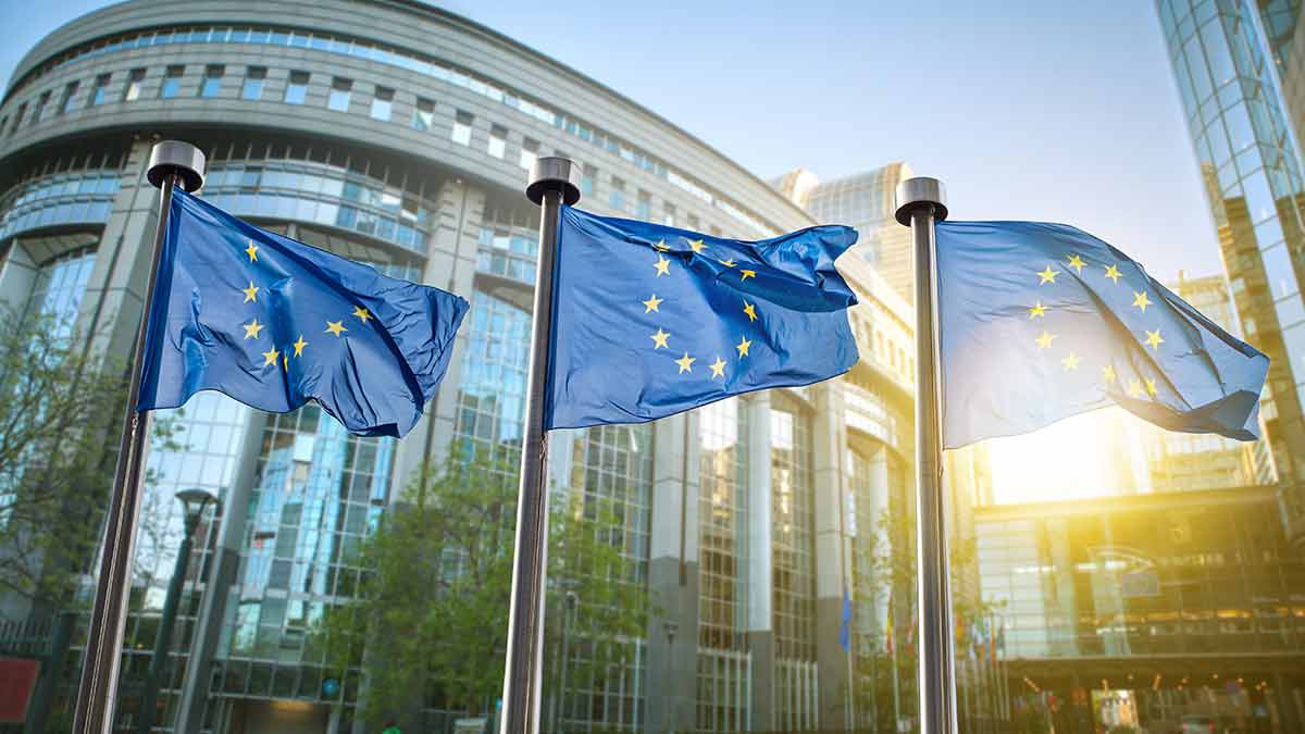 EU flag European Parliament building Brussels