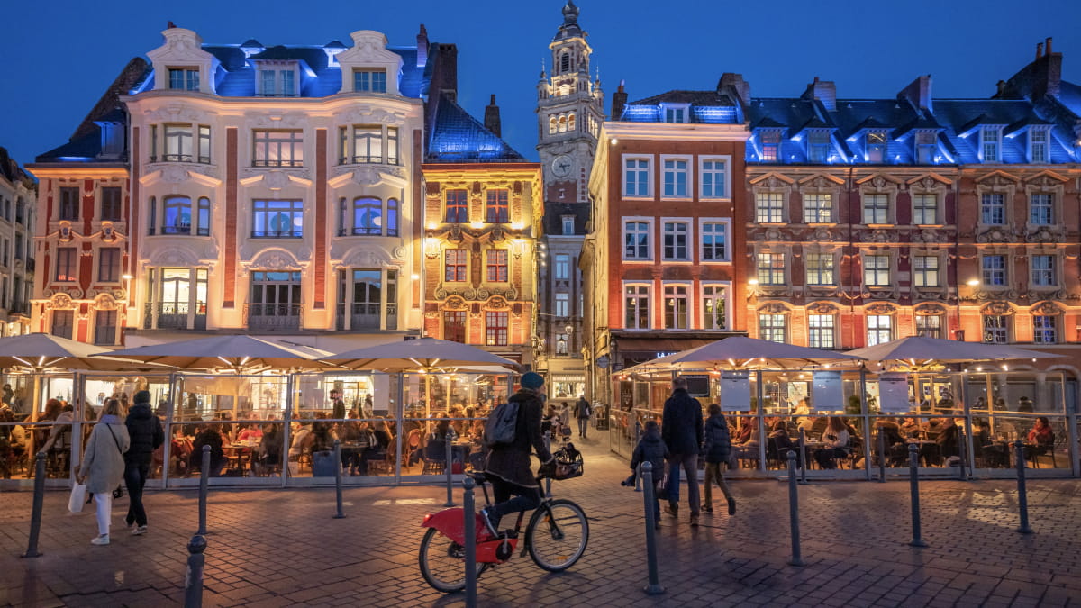 Lille city centre at night in France