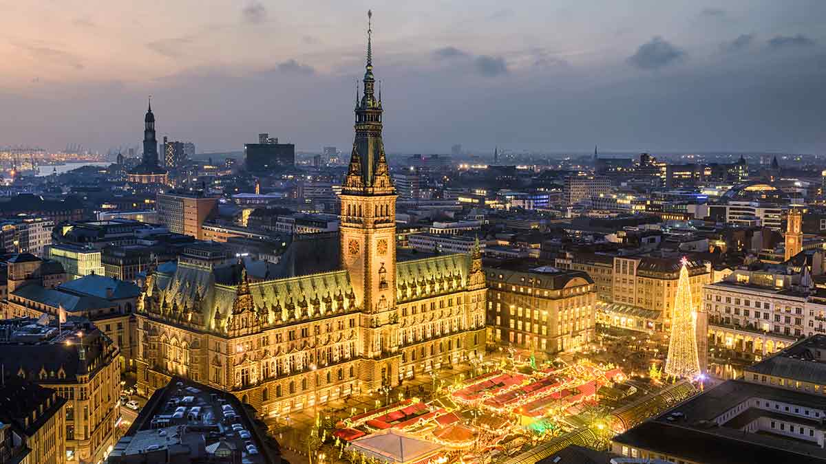 Aerial view City Hall in Hamburg, Germany