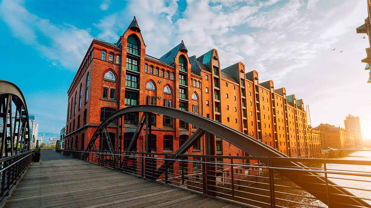 Speicherstadt warehouse district bridge in Hamburg, Germany