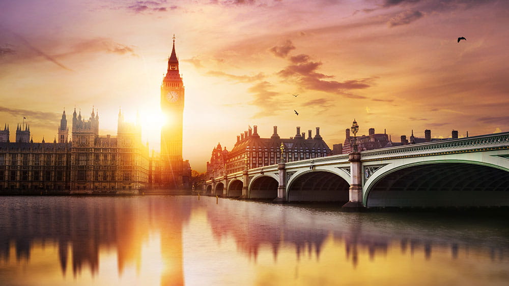 Big Ben and Westminster Bridge at dusk