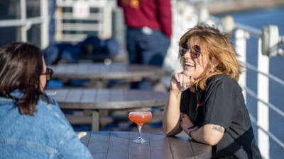 Friends sat on Sun deck Bar onboard a P&O Ferry