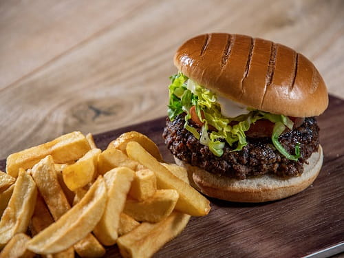 6oz beef burger and chips served in the P&O Ferries Food Court on the Cairnryan to Larne route