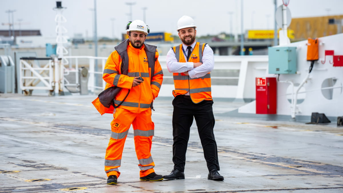 P&O Ferries crew members in safety uniform