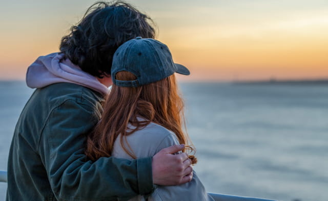 couple on P&O ferries deck at sunset