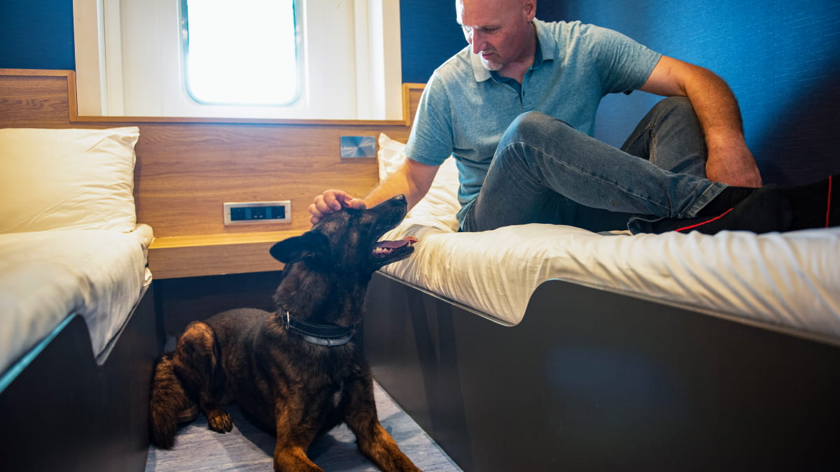Dog and owner in P&O ferry dog cabin