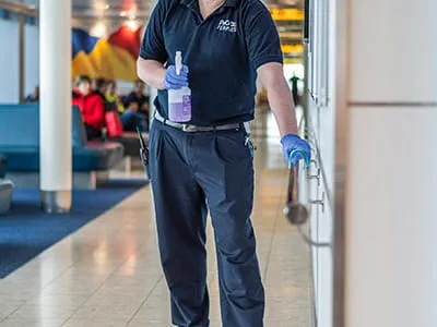 P&O staff member disinfecting hand rail